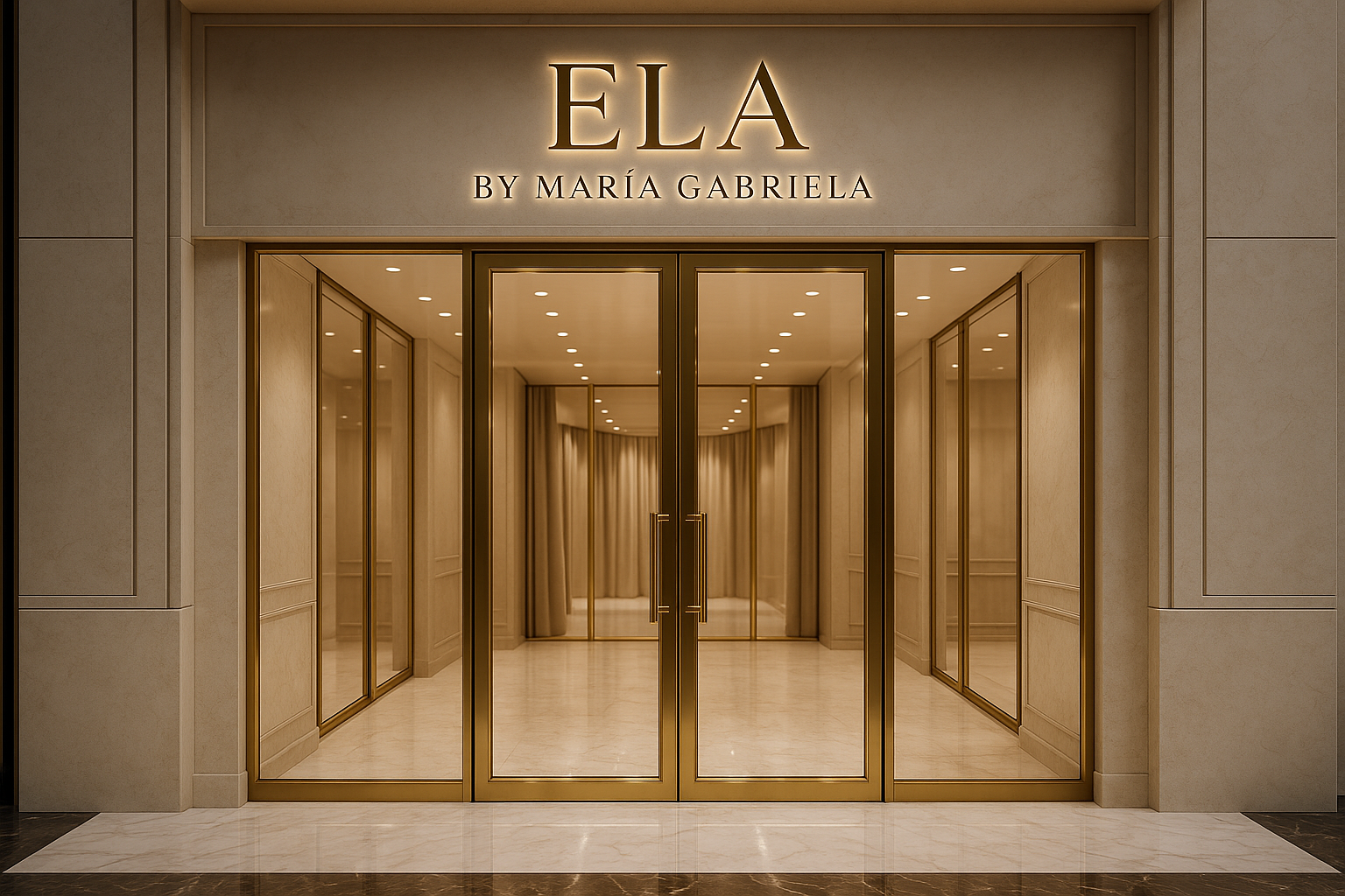 QUIERO LA ENTRADA DE UNA BOUTIQUE ELEGANTE PREMIUN QUE DIGA EN LA ENTRADA ELA BY MARIA GABRIELA 